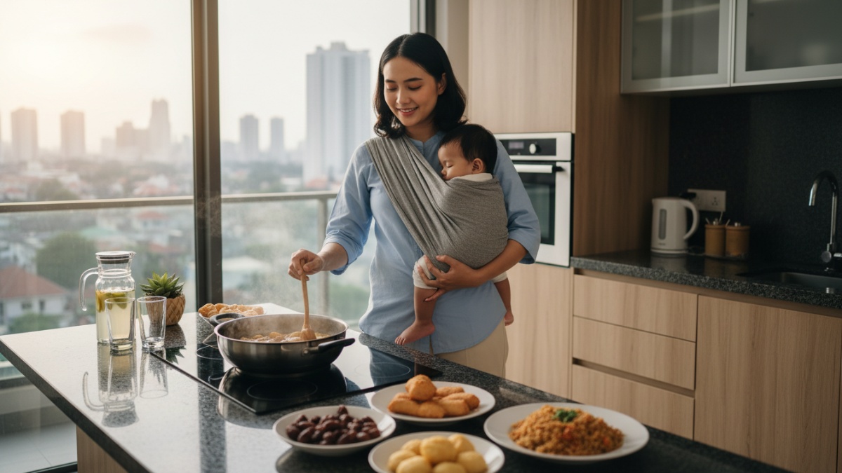 Ibu mengurus anak sambil menyiapkan hidangan berbuka 