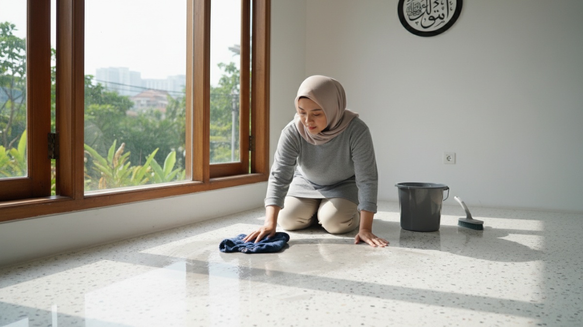 Ilustrasi lantai rumah yang dibersihkan, membahas hukum najis hukmiyah dan cara menyucikannya. 