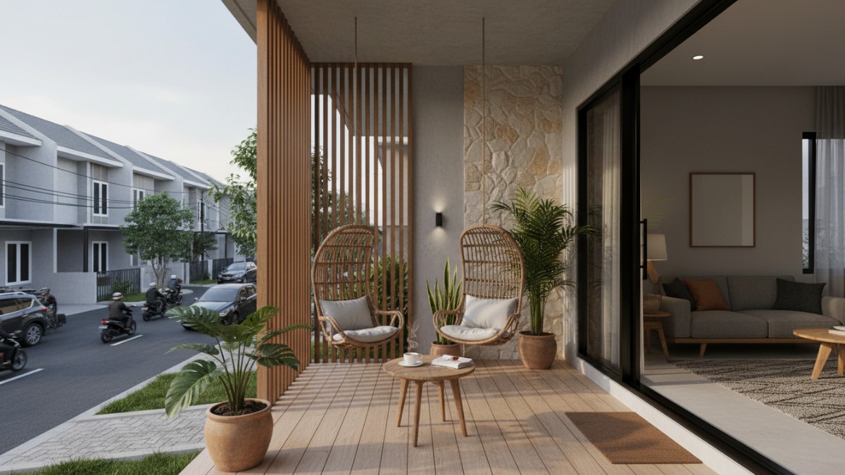 Teras rumah modern penuh tanaman hijau rapi dengan rak vertikal dan lantai batu alam.