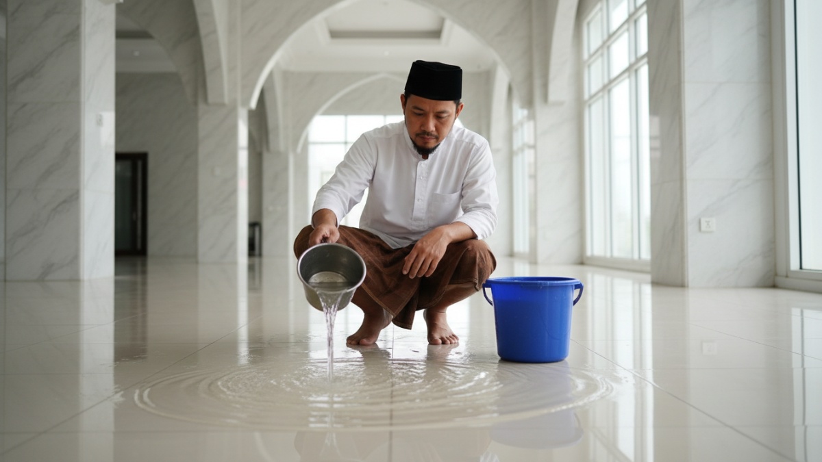 Ilustrasi proses penyiraman air pada lantai sesuai ketentuan fiqih.