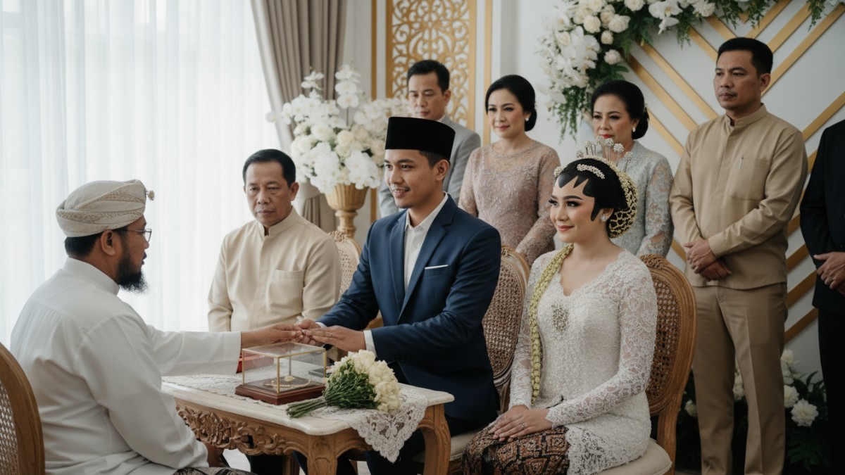 Ilustrasi akad nikah dengan mahar simbolis di depan wali. 