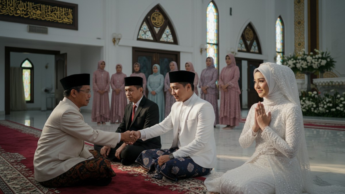 Ilustrasi prosesi ijab kabul sebagai inti sahnya akad nikah.