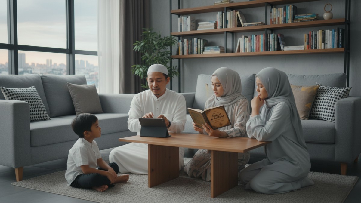 Ilustrasi keluarga muslim berdiskusi soal hukum wudhu dan mahram di ruang tamu.