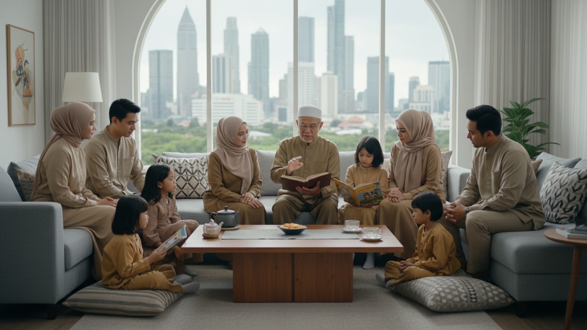 keluarga besar duduk bersama memahami hukum Islam dengan tenang. 
