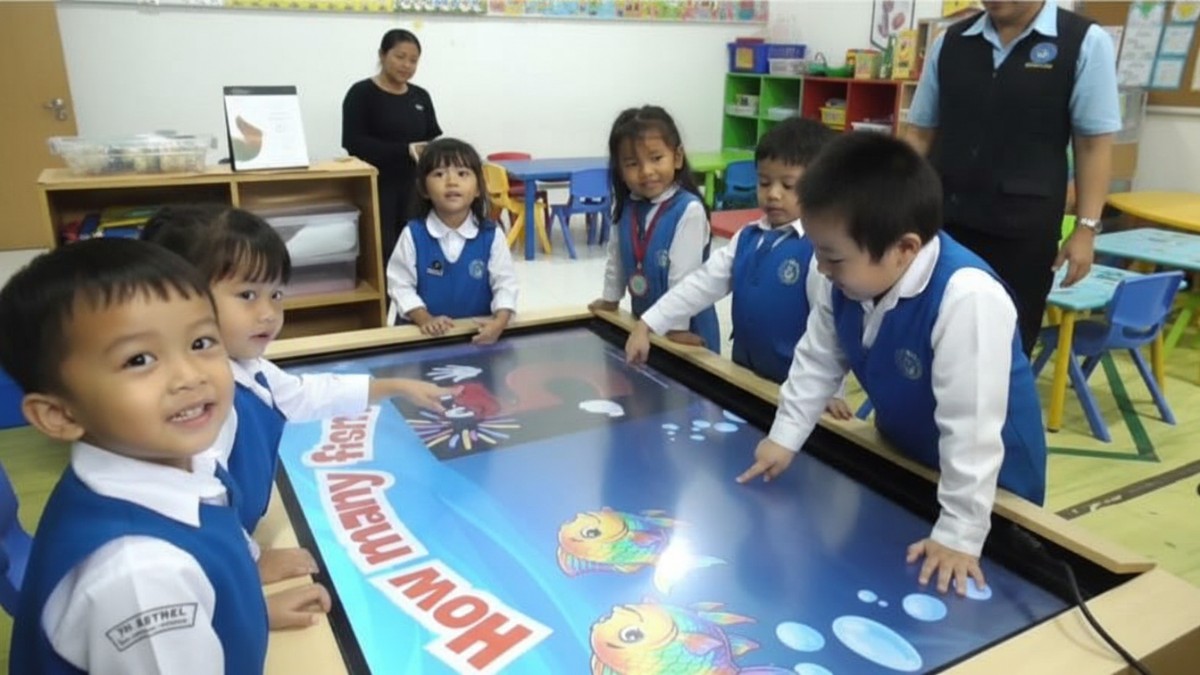 Smart board 75 inci di ruang kelas TK Balikpapan, simbol rampungnya program digitalisasi pendidikan usia dini.