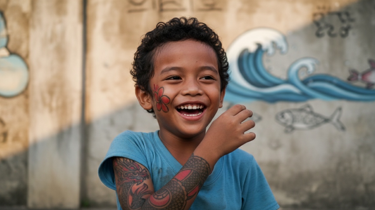 anak kecil dengan tato sementara, 