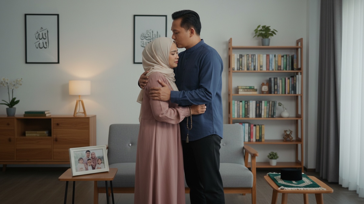 Ilustrasi suami berangkat pengajian, mengangkat tema hukum berbohong demi menjaga rumah tangga. 