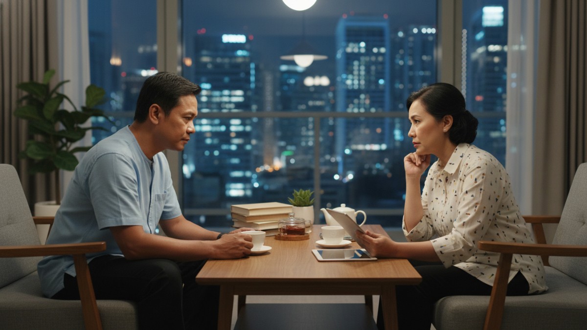 Suasana dialog suami-istri membahas komunikasi rumah tangga.