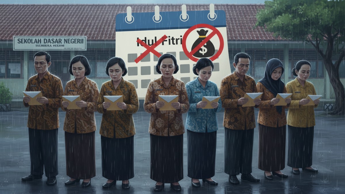Ilustrasi suasana guru dengan sorotan tanpa uang THR.