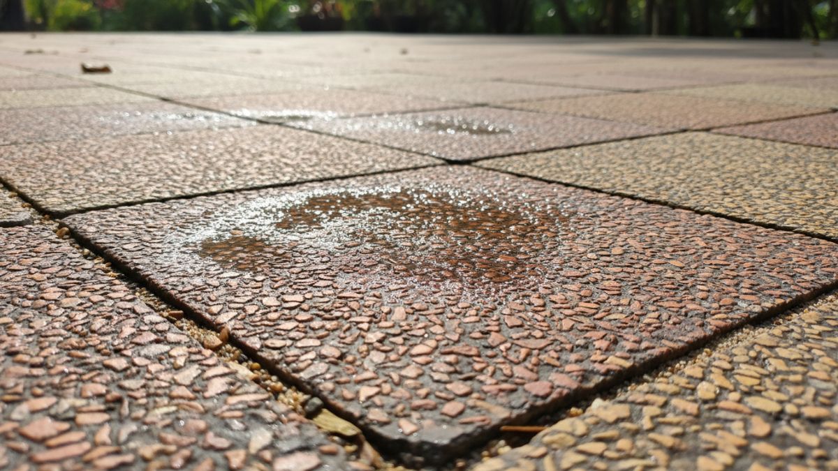 Close up tekstur homogeneous tile rating R10 untuk outdoor.
