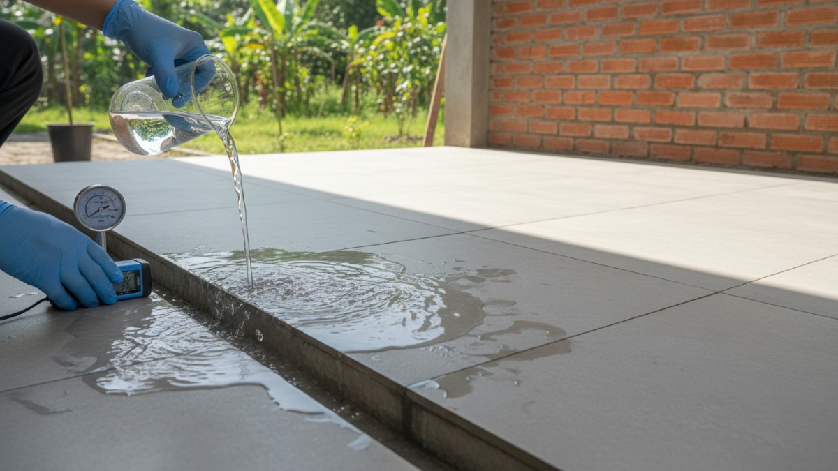 Skema kemiringan lantai 1&ndash;2 persen dan Proses uji basah pada sampel lantai