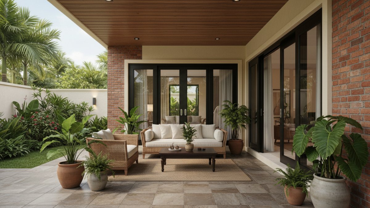 Teras rumah modern dengan kombinasi bata ekspos dan cat krem hangat yang harmonis.