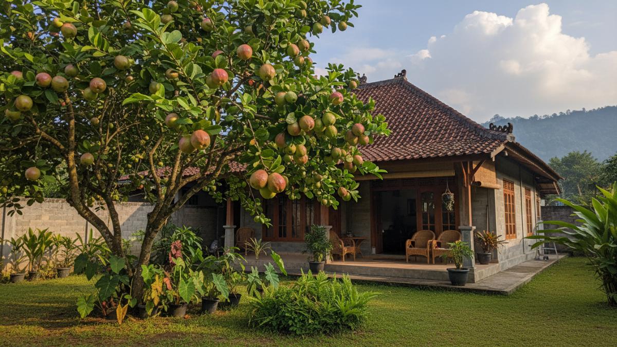 Pohon jambu biji berbuah lebat di pekarangan rumah tropis.