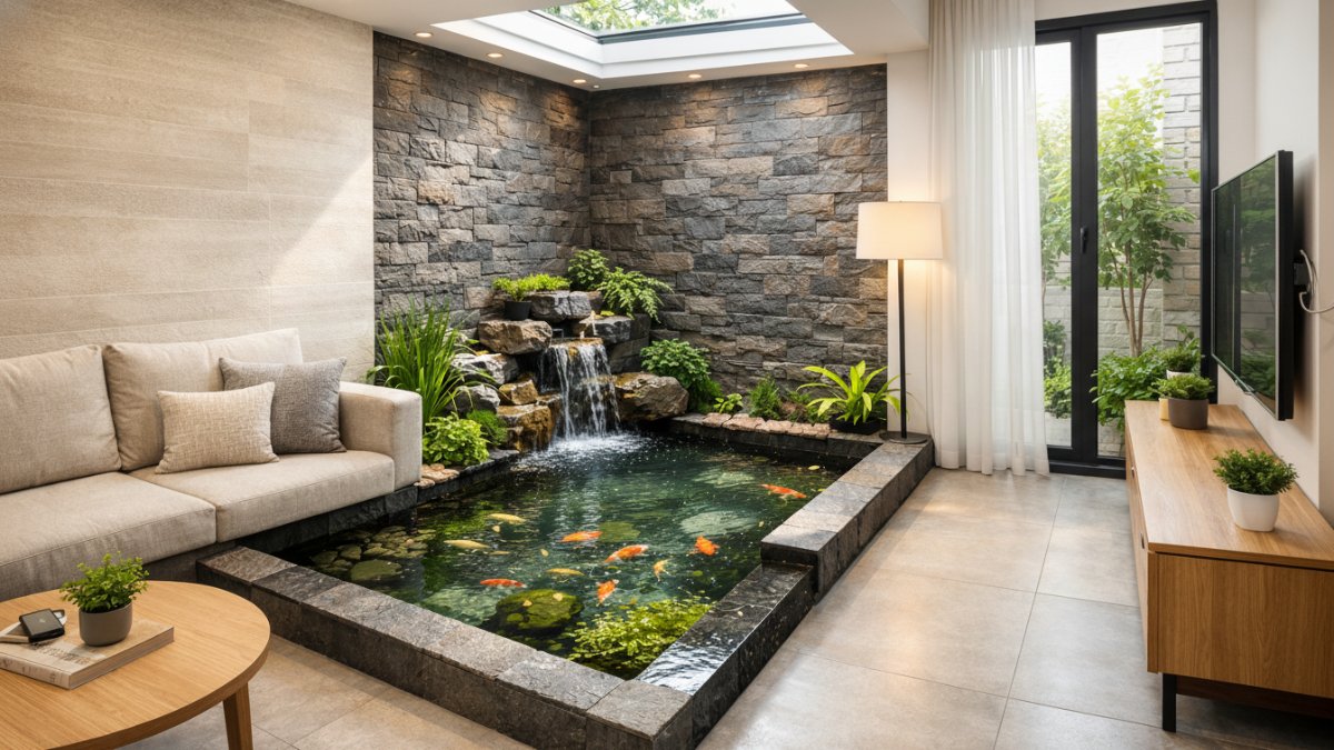 Desain kolam ikan indoor di ruang tamu rumah minimalis modern.
