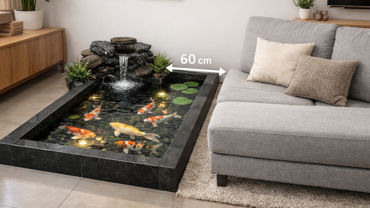 Detail ukuran kolam ikan ideal dalam ruang tamu.