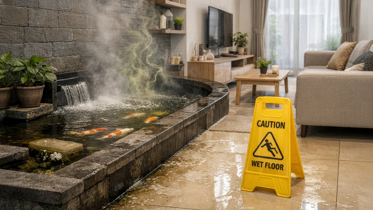 Risiko kelembapan akibat kolam ikan indoor di ruang tamu rumah minimalis modern.