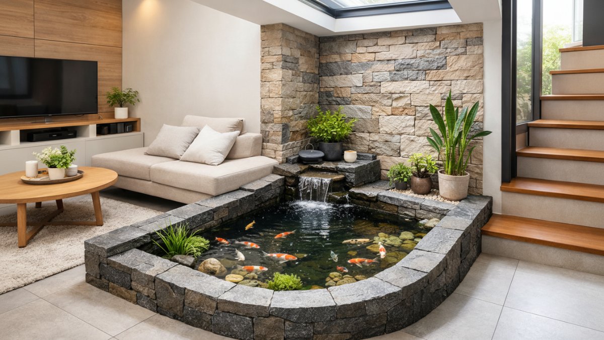 Kolam ikan indoor menyatu dengan ruang tamu rumah minimalis modern.