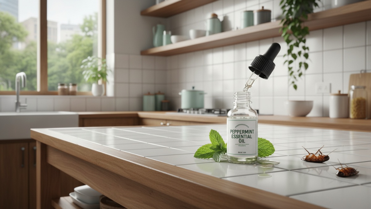 lustrasi dapur bersih dengan botol minyak esensial peppermint sebagai solusi alami pengusir kecoa.