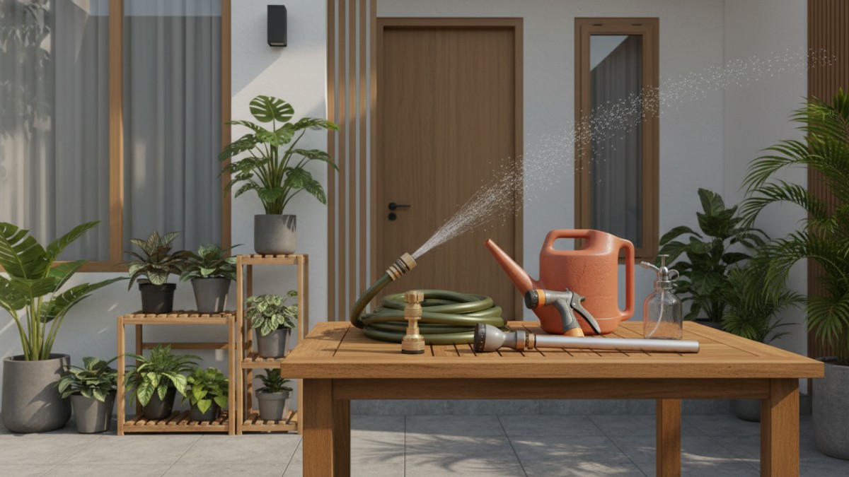 Ilustrasi berbagai alat untuk menyiram tanaman di halaman rumah tropis modern.