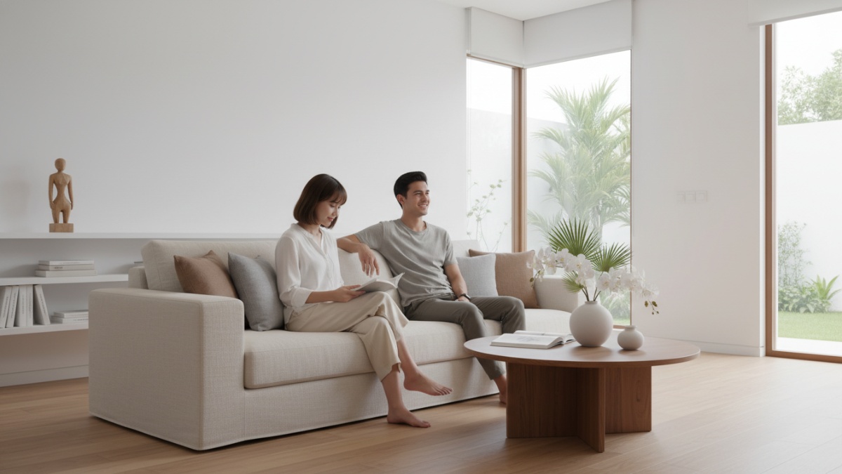 Ruang tamu modern dengan sofa warna netral yang harmonis dengan dinding terang dan pencahayaan alami. 