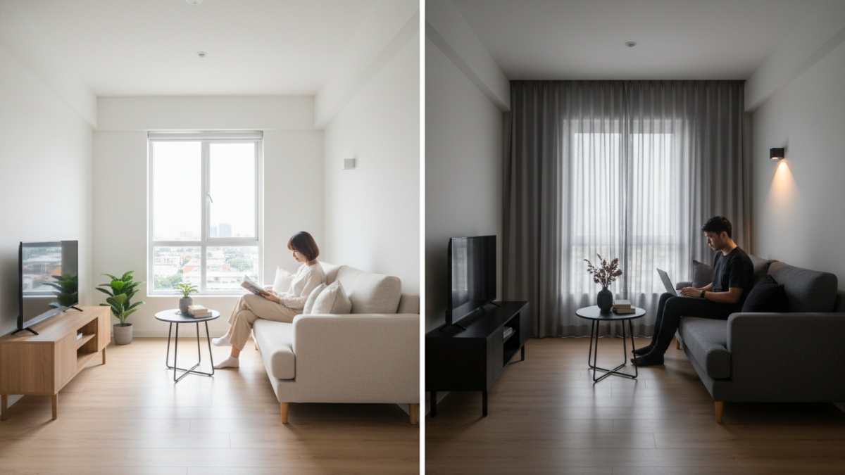 Contoh perbandingan ruang kecil dengan sofa warna terang dan gelap. 