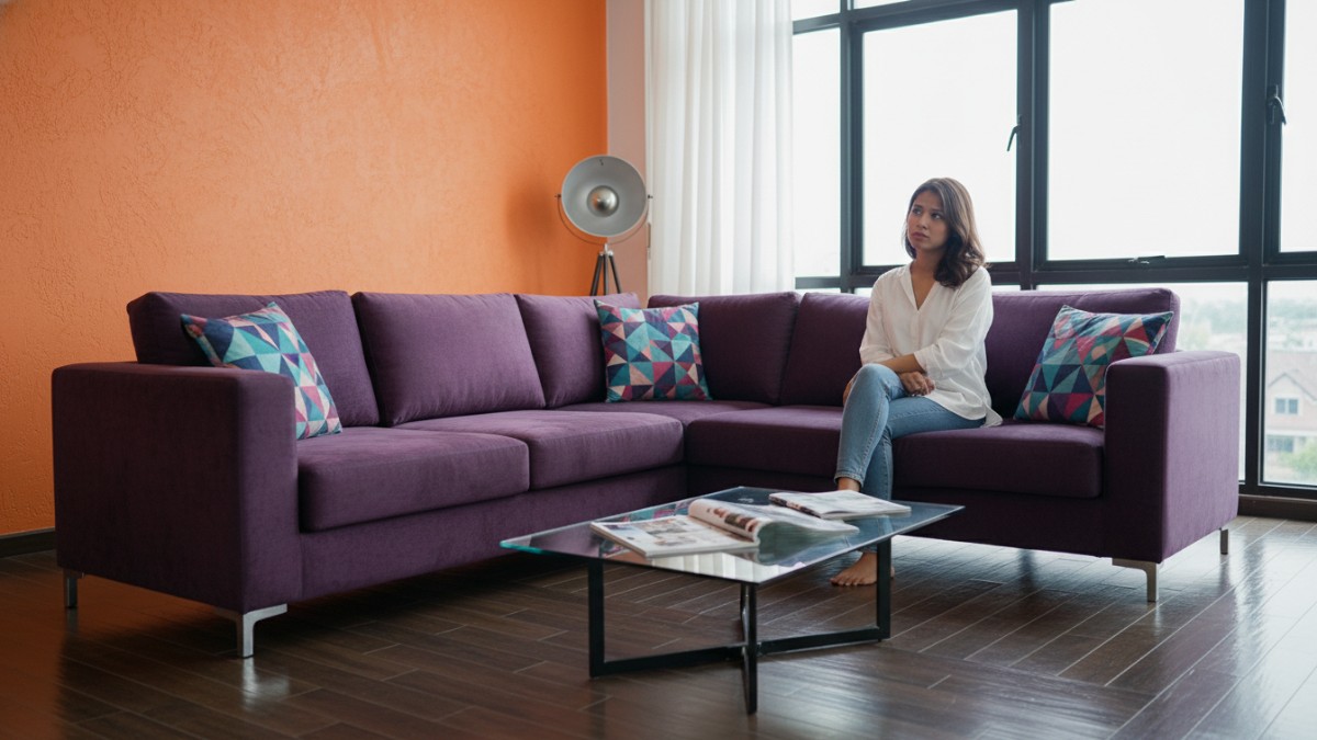 Ilustrasi kesalahan kombinasi warna sofa dan dinding yang tabrakan. 