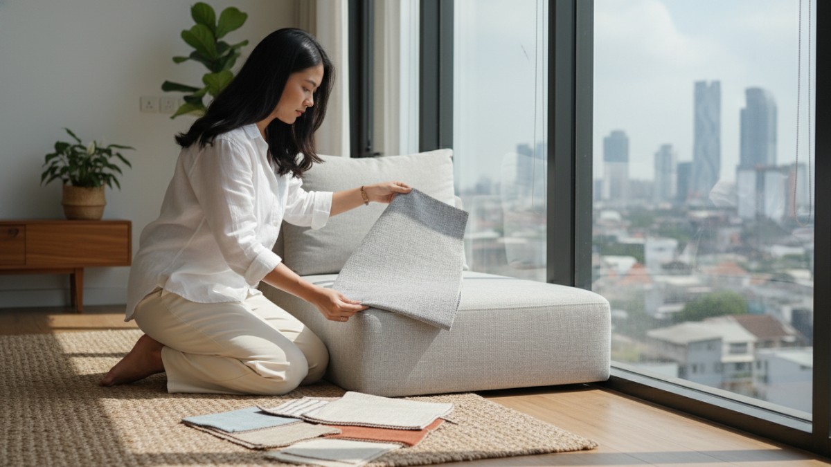 Sampel kain sofa diuji di bawah cahaya alami siang hari. 