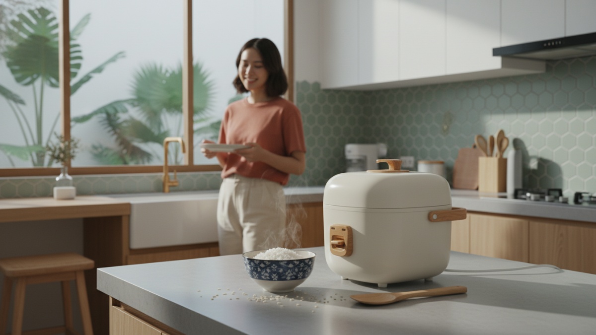 Rice cooker modern di dapur minimalis dengan nasi putih pulen, ilustrasi panduan penggunaan yang tepat dan higienis.