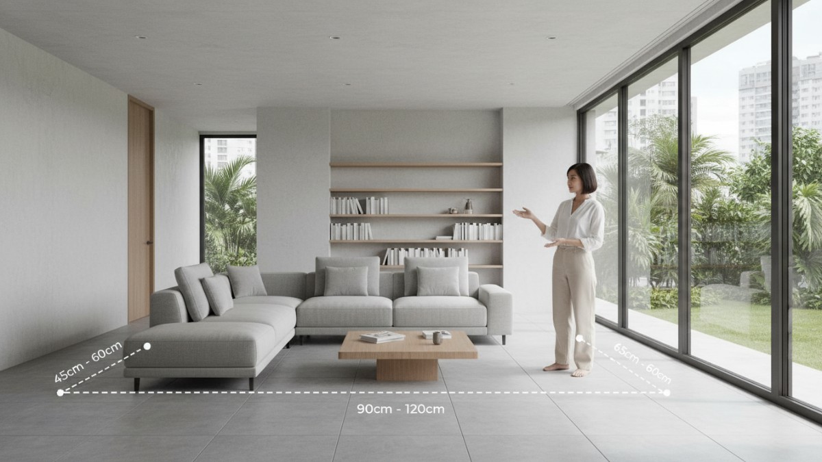 Diagram ukuran ideal sofa dan jarak sirkulasi ruang tamu. 