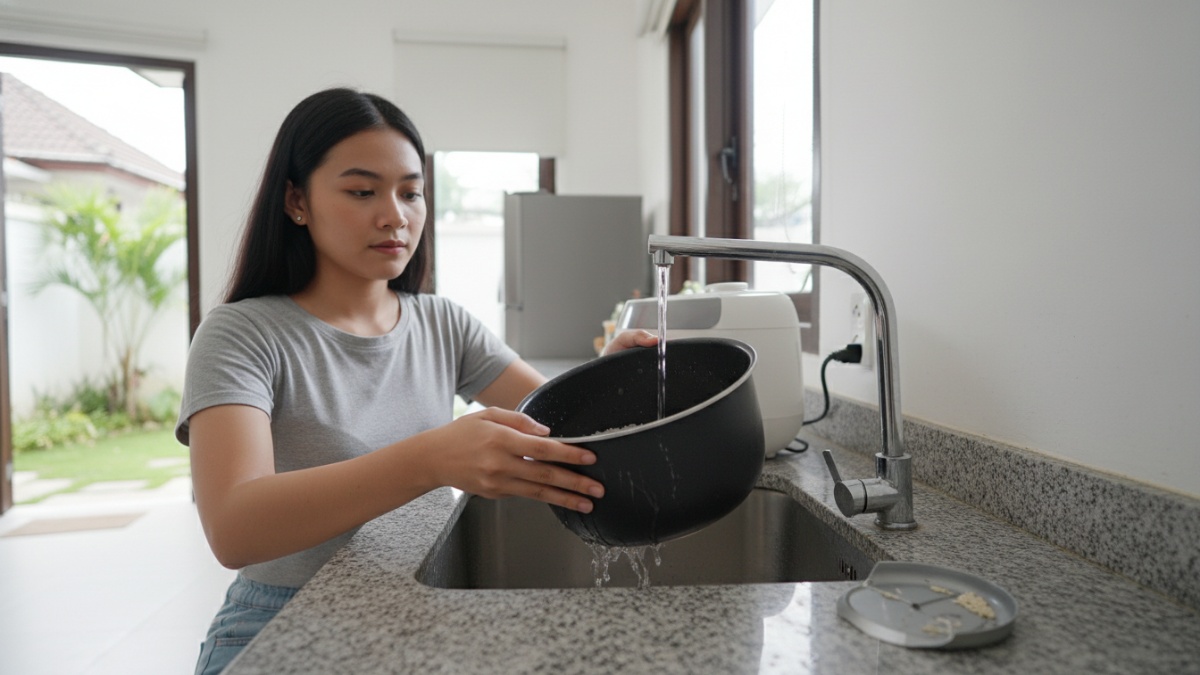 Ilustrasi kesalahan umum mencuci beras langsung di dalam inner pot di bawah keran