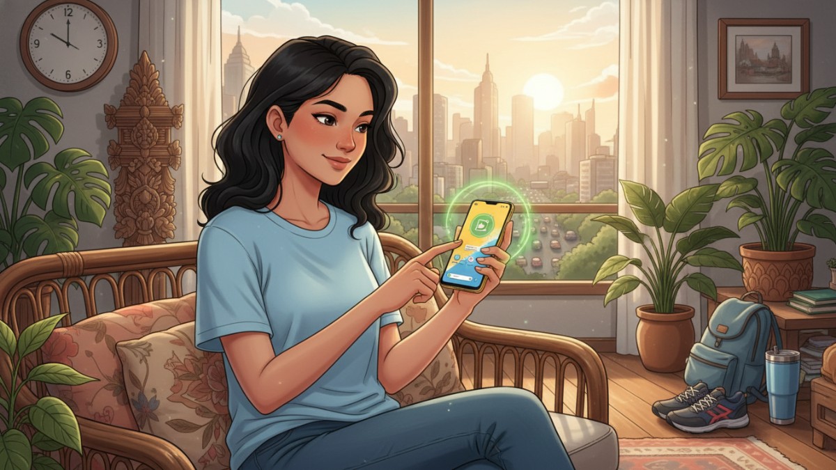 Ilustrasi pengguna HP Realme mengatur mode hemat daya untuk aktivitas seharian.