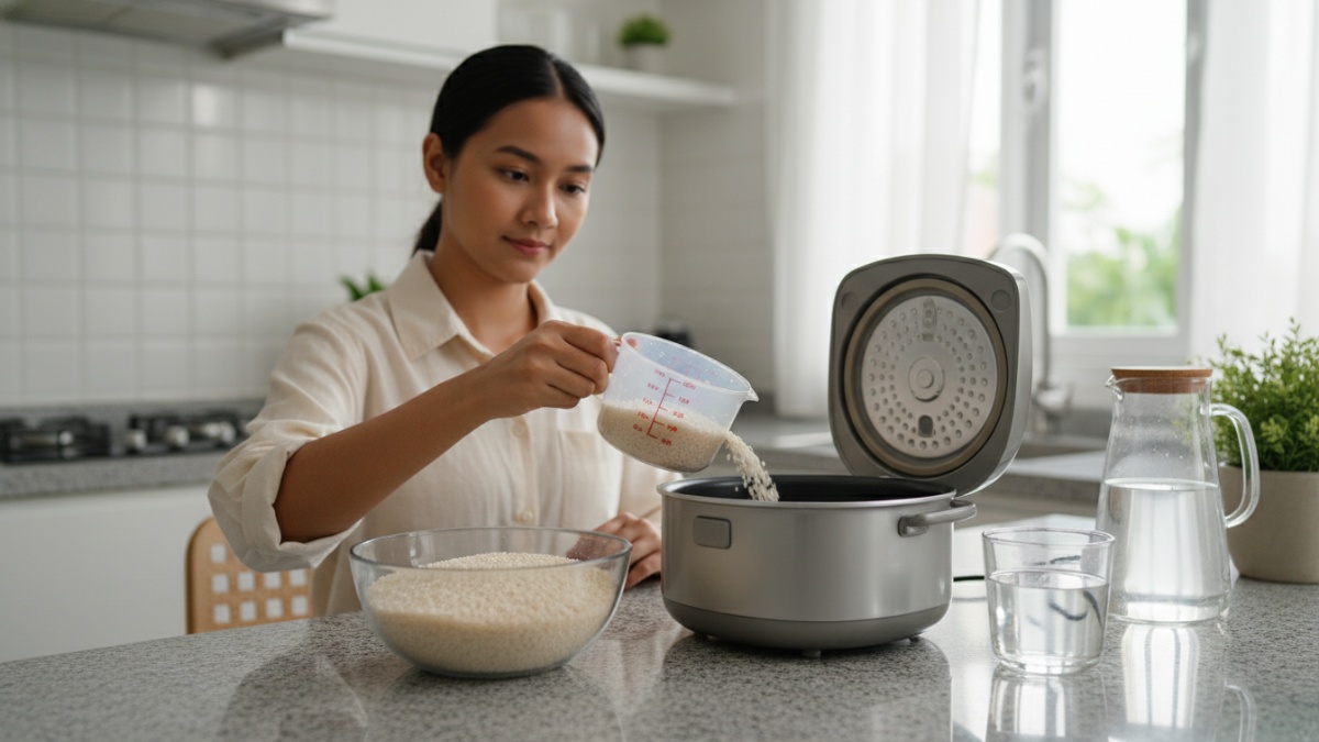 Langkah-langkah mengukur beras dengan cup bawaan dan memastikan takaran air sesuai standar.