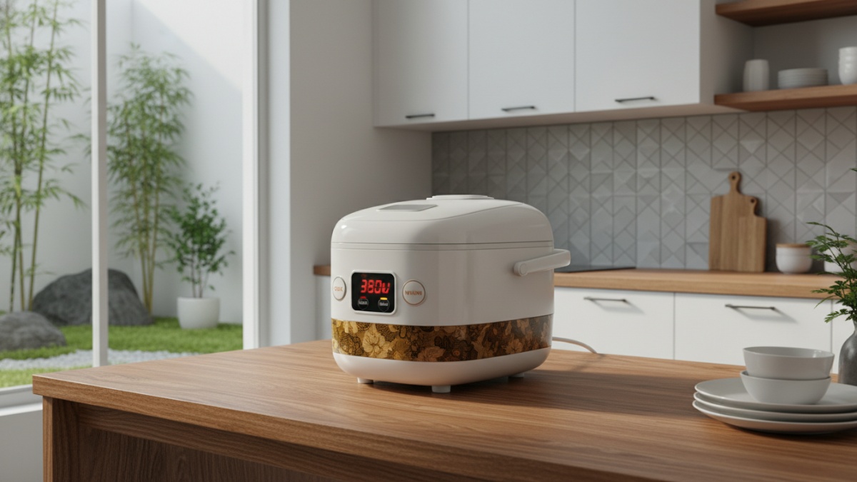 Tampilan watt dan daya listrik rice cooker pada label spesifikasi produk.