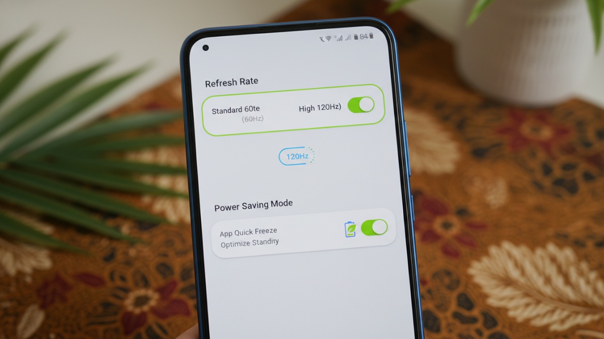Menu pengaturan refresh rate dan mode hemat daya di HP Realme. 