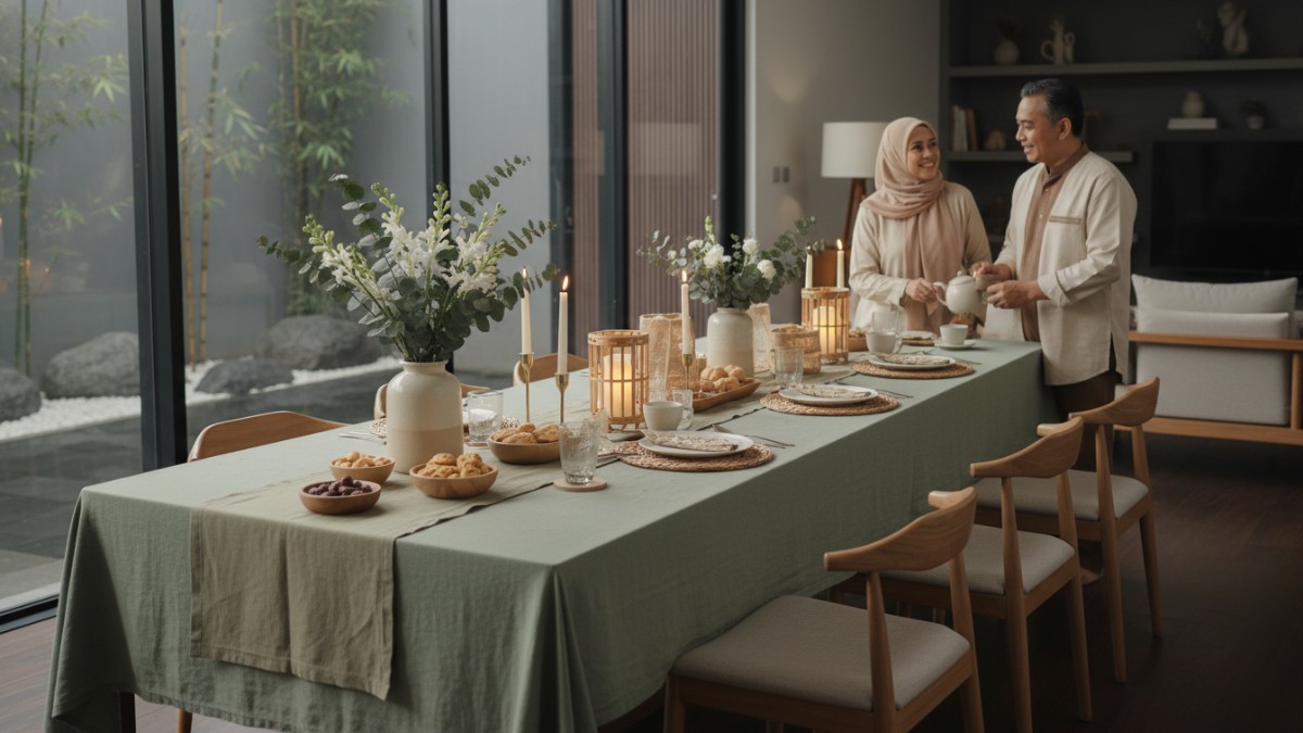 Meja makan dengan taplak warna sage dan dekorasi Lebaran bernuansa natural terlihat hangat dan elegan. 