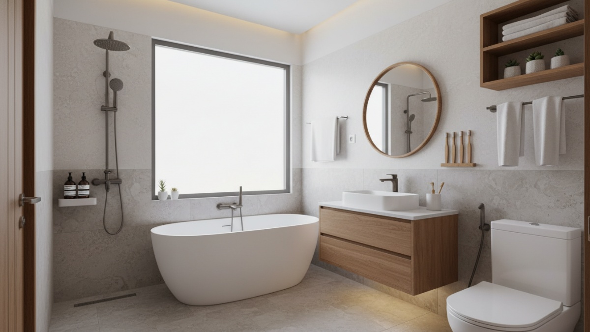 Ilustrasi kamar mandi modern dengan rak stainless dan cermin anti embun tertata rapi.