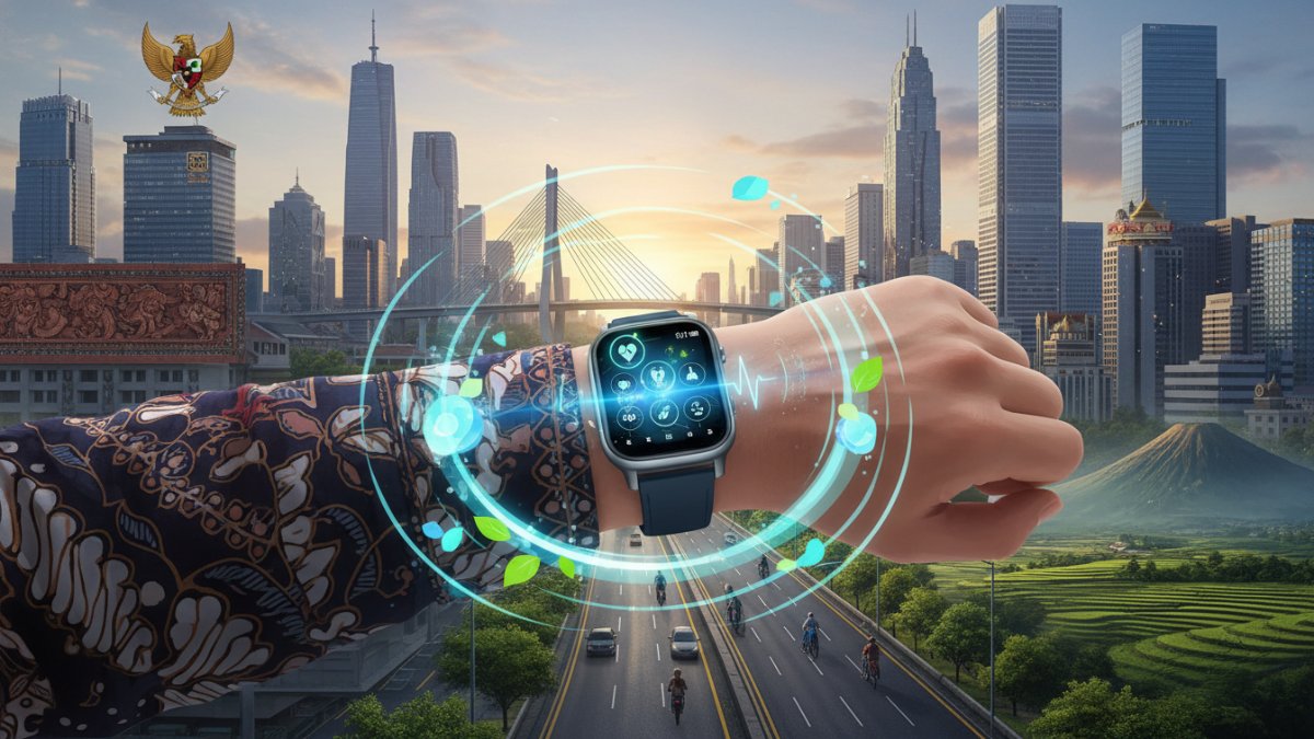 Ilustrasi smartwatch pria modern dengan fitur kesehatan aktif, simbol gaya hidup produktif 2026.