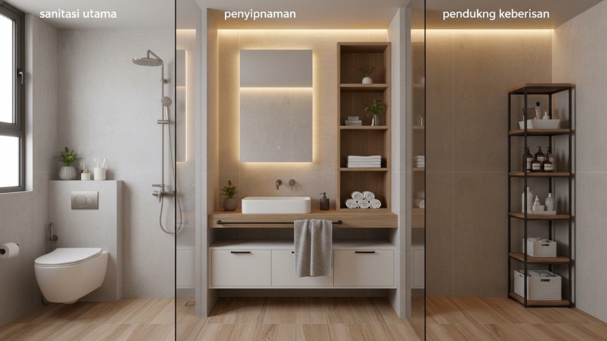 Contoh perlengkapan kamar mandi lengkap mulai shower, wastafel, hingga rak dinding.