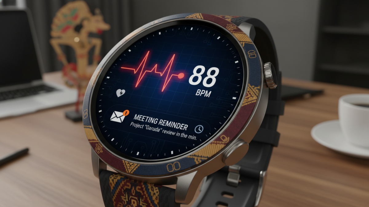 Tampilan layar AMOLED smartwatch menampilkan data detak jantung dan notifikasi kerja.