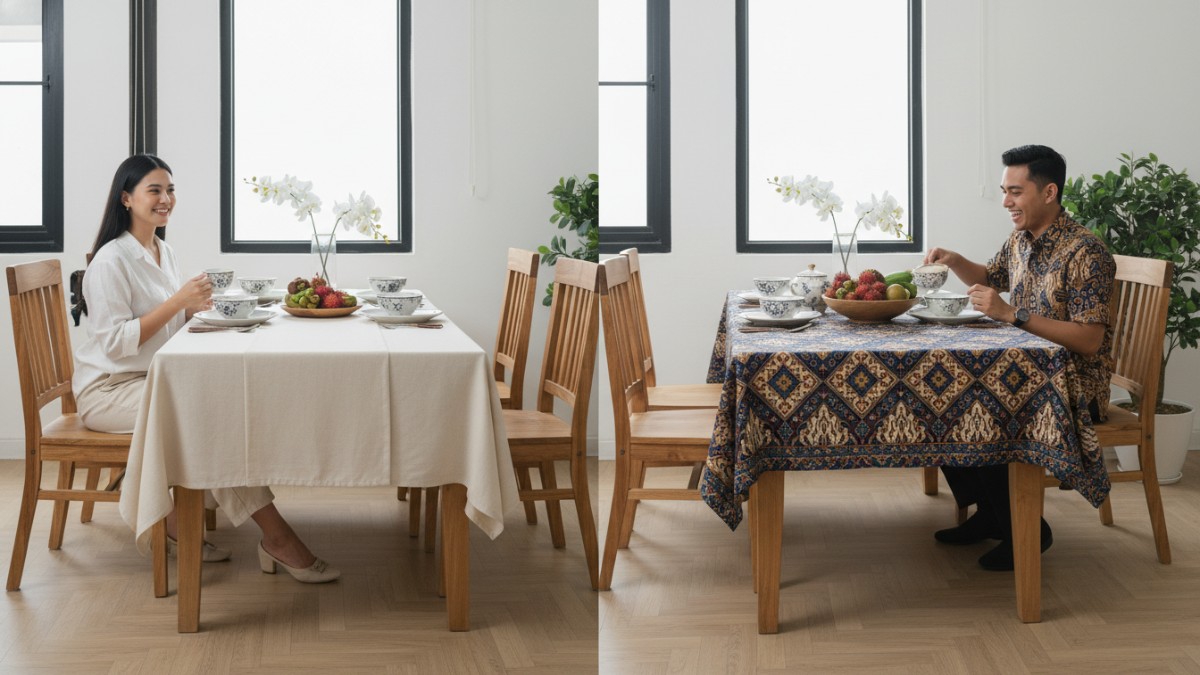 Perbandingan taplak polos dan motif ramai pada ruang makan minimalis. 