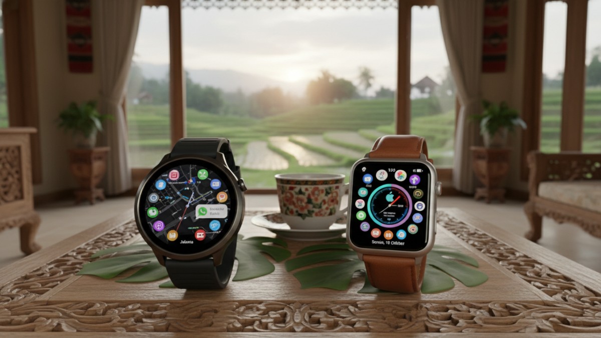 Perbandingan dua smartwatch berbeda sistem operasi berdampingan.