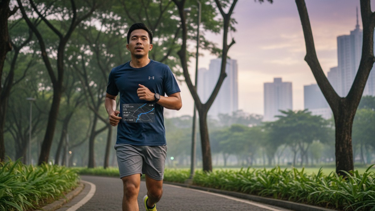 Pria menggunakan smartwatch saat lari pagi dengan GPS aktif.