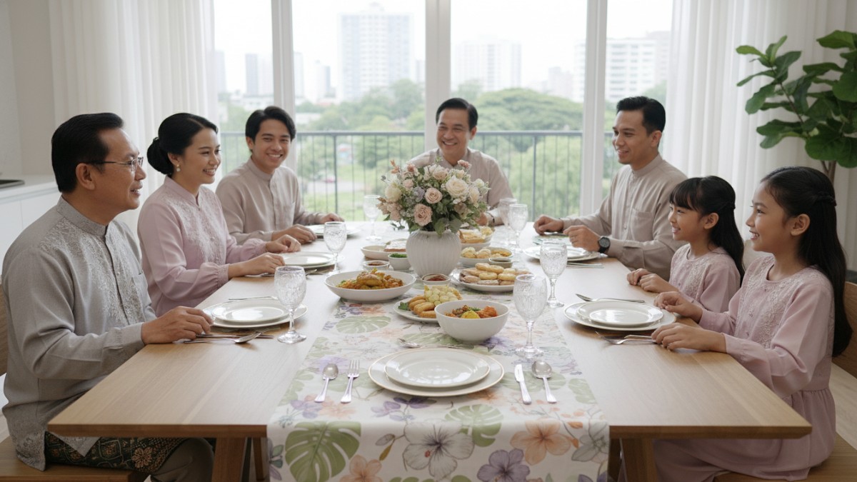 Contoh motif floral lembut untuk meja makan keluarga saat Lebaran. 