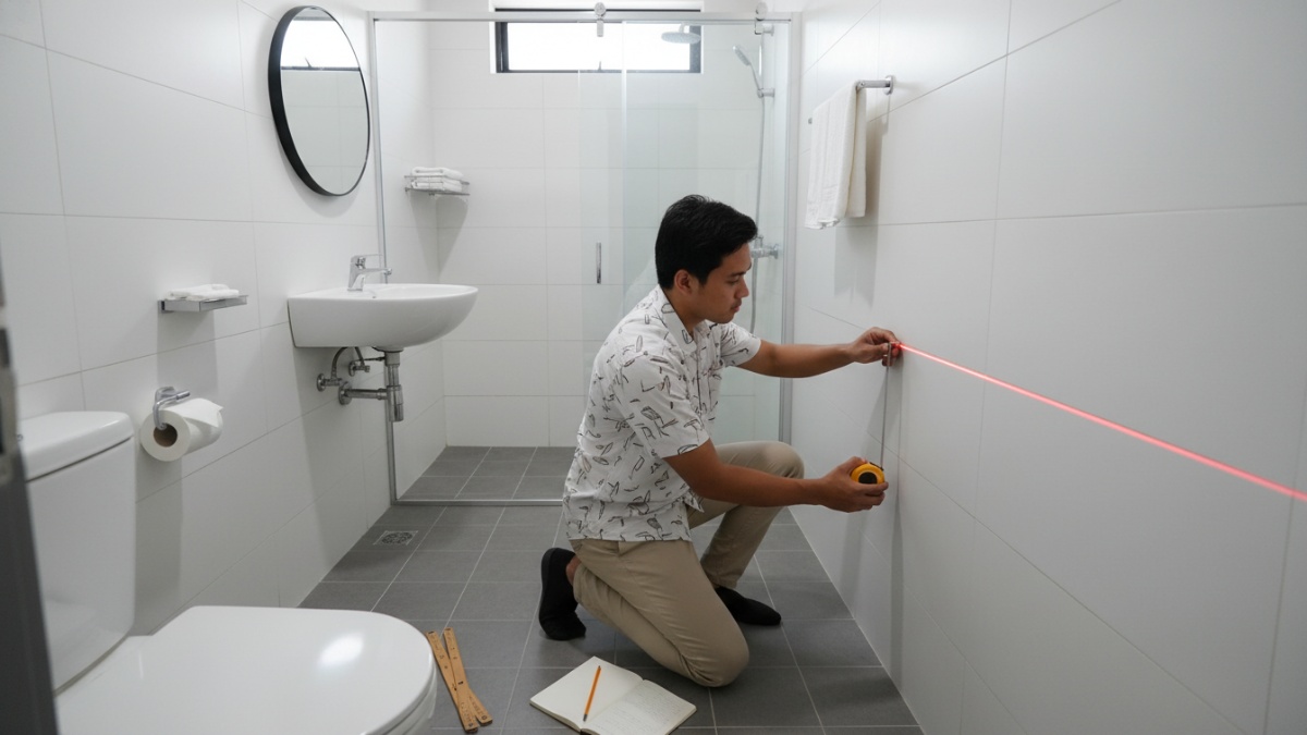 Proses pengukuran luas kamar mandi sebelum pemasangan perlengkapan.