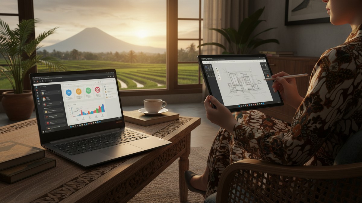Lenovo IdeaPad Slim 5 2-in-1 dalam mode laptop dan tablet, menggambarkan fleksibilitas kerja modern.