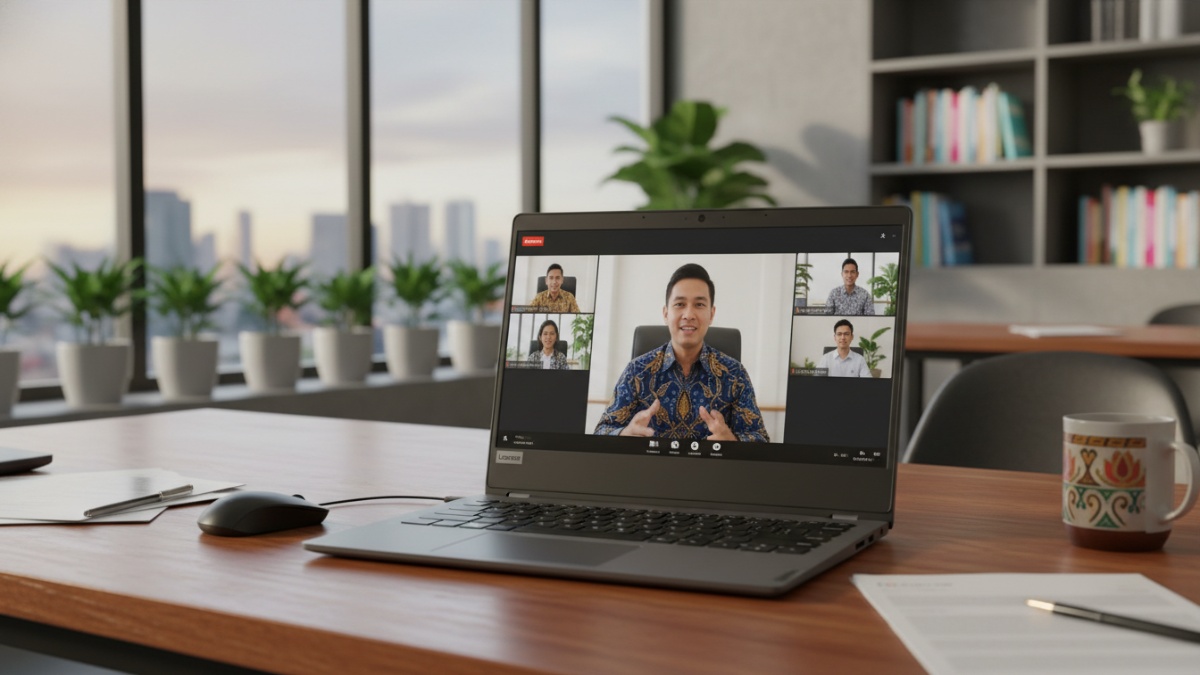 Tampilan laptop dalam mode tent saat presentasi meeting online profesional.