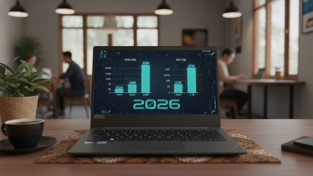 Grafik estimasi spesifikasi RAM dan SSD ideal untuk kerja 2026.