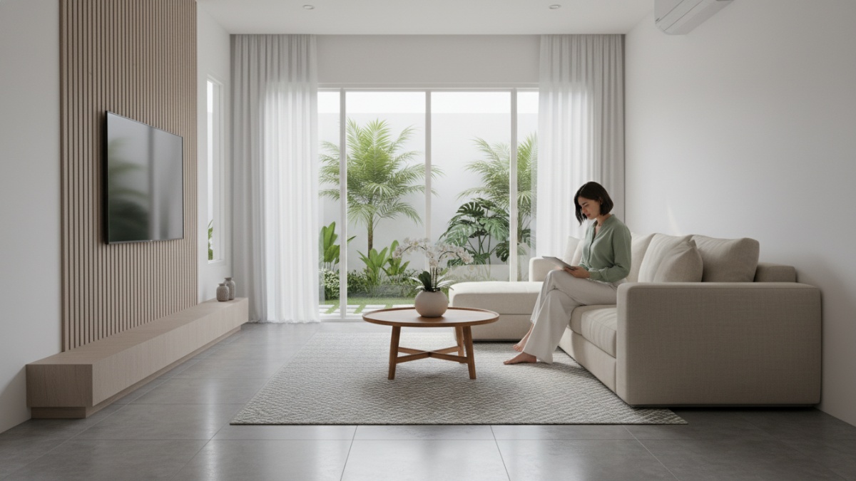 Lantai keramik abu-abu medium dengan tekstur halus di ruang keluarga modern. 