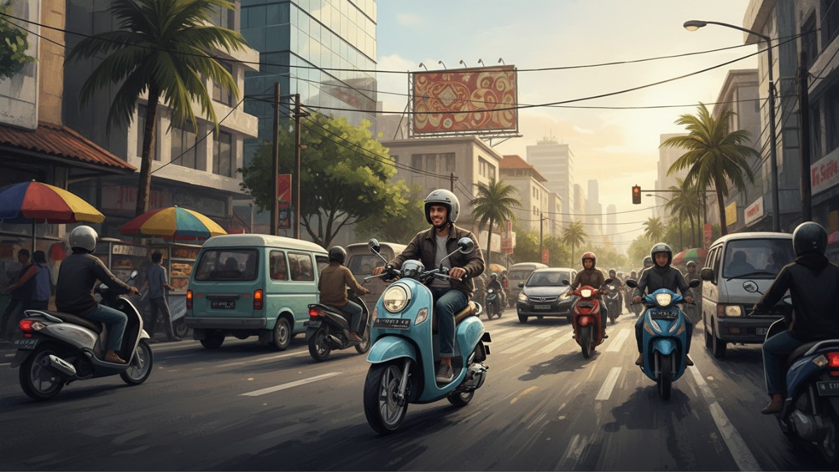 Ilustrasi test ride Scoopy di jalan perkotaan padat.