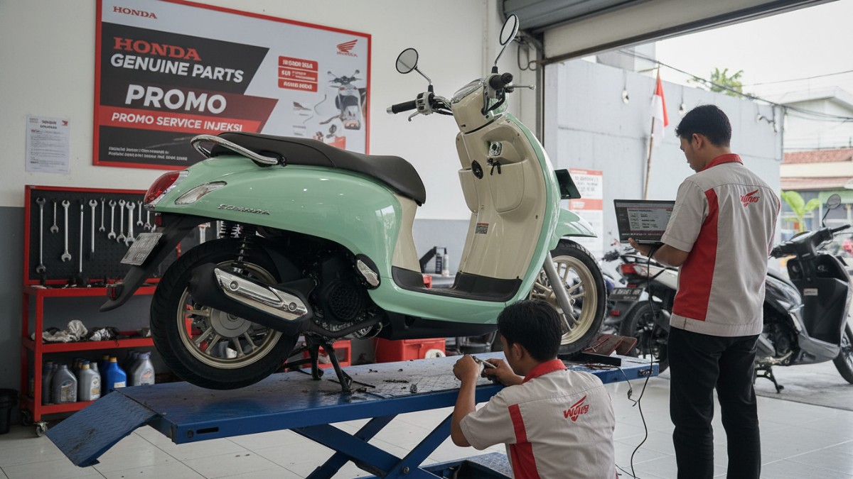 Proses servis berkala motor injeksi di bengkel resmi.
